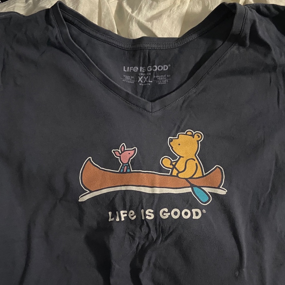 Life Is Good Navy Tee with Bear and Piglet Canoe Graphic